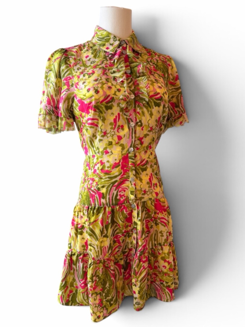 Cinq A Sept Green, Daisy Swirl Karissa Pink & Yellow Floral Button front Dress